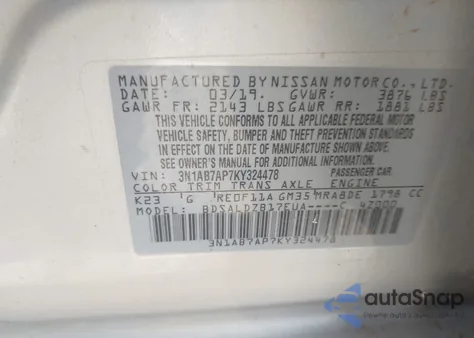 2019 Nissan Sentra Sv from USA, damaged, VIN 3N1AB7AP7KY324478